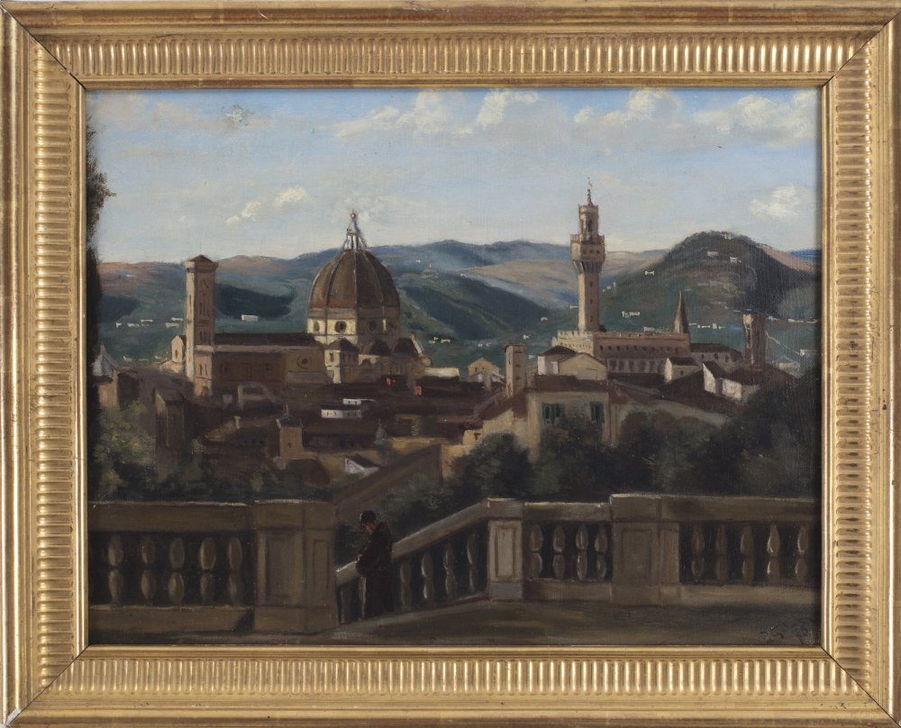 firma indecifrata: Veduta di Firenze dai giardini di Boboli datato '75